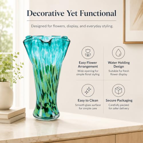 LCCCK 9.0" H Teal Green Glass Vases for Flower,Unique Hand Blown Glass Vase - color: Teal Green