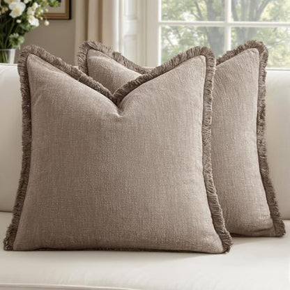 Linen Fringe Throw Pillow Covers 18x18 Inch Set of 2,Brown Tan - color: Dune, size: 18" x 18" (Pack of 2)
