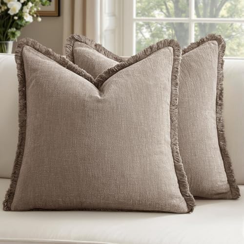 24x24 Inch Set of 2 Euro Linen Fringe Throw Pillow Covers,Brown Tan - color: Dune, size: 24" x 24" (Pack of 2)