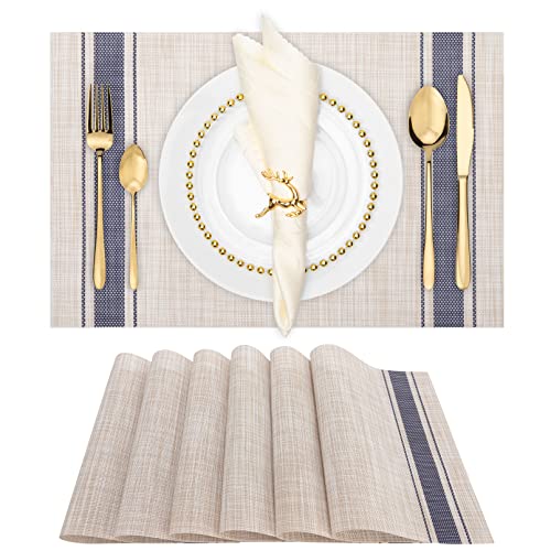 Winknowl Placemats Set of 6, Heat Resistant Non-Slip Vinyl Woven Table Mats for Dining Table, Washable Durable Elegant Place Mats for Kitchen Indoor/Outdoor Use (Beige Blue) - color: Beige Blue, size: Set of 6