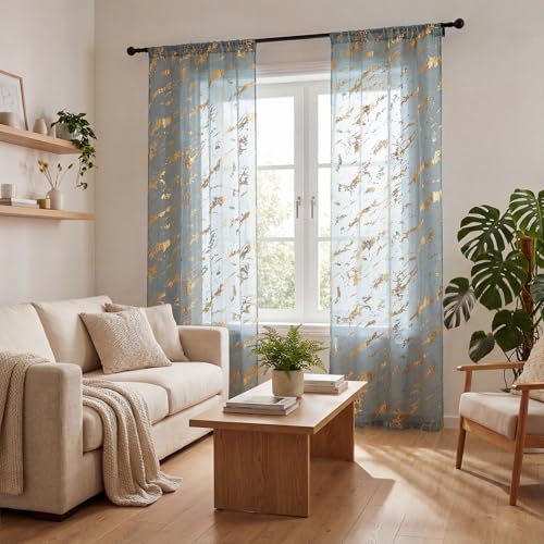 Horaldaily 2Pcs Blue Sheer Curtains for Window 52x84in, Gold Sequin Marble - color: Blue and Gold, size: 52"W x 84"L (Pack of 2)