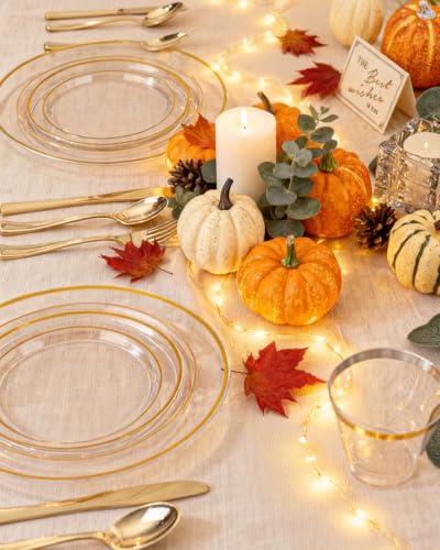 bUCLA 150Pcs Clear Gold Plastic Dinnerware Set - Clear and Gold Disposable Plates Include 25 Dinner / 25 Dessert Plates,25 Knives,25 Forks,25 Spoons,25 Cups for Party - color: Clear Gold