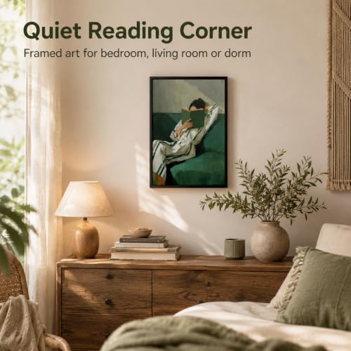 Framed Woman Reading Books Canvas Wall Art - color: look book, size: 16"L x 12"W