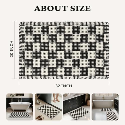 MatEssenz Checkered Waffle Bath Mat 20x32, Non Slip Bathroom Rug with Rubber Backing, Super Absorbent Machine Washable Bath Mat, Soft Quick Dry Checkered Bathroom Rug with Tassels, Black White - color: Lattice Style, size: 1'8" x 2'8" (Rectangular)