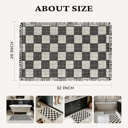 MatEssenz Checkered Waffle Bath Mat 20x32, Non Slip Bathroom Rug with Rubber Backing, Super Absorbent Machine Washable Bath Mat, Soft Quick Dry Checkered Bathroom Rug with Tassels, Black White - color: Lattice Style, size: 1'8" x 2'8" (Rectangular)