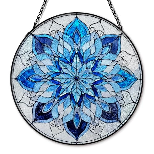 Blue Snowflake Christmas Suncatcher Stained Glass Garden Window Hanging, Winter Snowflake Sun Catchers Indoor Window Glass Round Wall Decor, Christmas Wall Art Hanging Decorations, 7.8＂x7.8＂ - color: Christmas_5