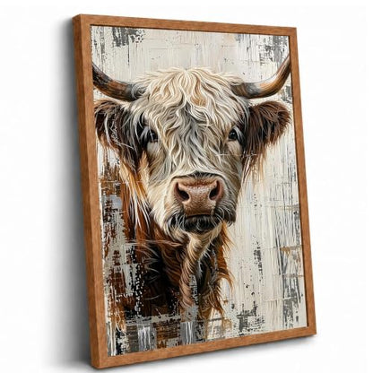 Rustic Highland Cow Framed Wall Art, Farmhouse Canvas Print, 12x16 Inch - color: Brown-Highland cow