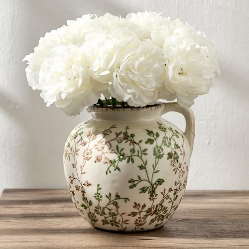 Green and Beige Antique Vase, 5.39 Inch Vintage Chinoiserie Floral Vase, Rustic Ceramic Vase for Home Decor, Living Room, Bookshelf, Office, Entryway, Garden, Chinoiserie Decor, Tuscan Decor - color: Green and Beige- 5.39"