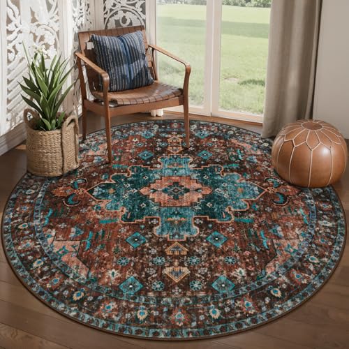 Ciicool 5ft Round Boho Area Rug,Washable Circle Throw Rugs for Entryway - color: Brick Red/Dull Teal, size: 5' (Round)