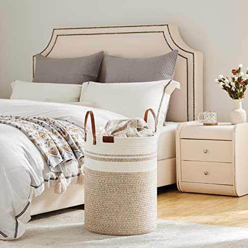 VIPOSCO 58L Tall Woven Rope Laundry Hamper, Leather Handles, Brown & White - color: Brown & White, size: 58L
