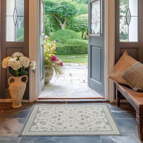 EverGrace Area Rugs for Entryway 2x3, Boho Floral Faux Wool Indoor Outdoor Small Rugs, Washable Rugs for Bedroom Bathroom Laundry Doormat, Low Pile Floor Mat Carpet for Home Decor, Cool Gray - color: Cool Gray & White Multi, size: 2'x3'