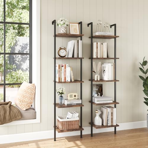 ELYKEN Ladder Shelf, 5-Tier Wood Wall Mounted Ladder Bookshelf - color: Rustic Brown