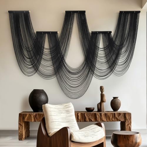 Black Macrame Wall Hanging 5 Panel Boho Wall Decor Fiber Art 68"W *46"L - color: Black