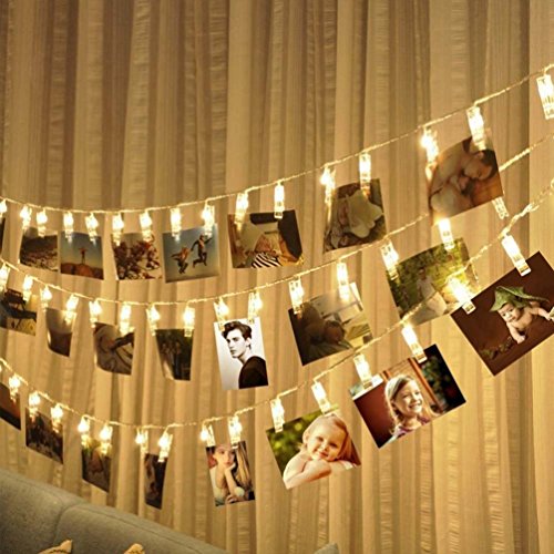 Decute 50LED Photo Clips String Lights Holder Timer Function 8 Modes Dimmable with Remote, 17FT Fairy Starry Lights for Christmas Card Bedroom Wedding Party Hanging Photos Pictures Memos, Warm White - color: Warm White 02