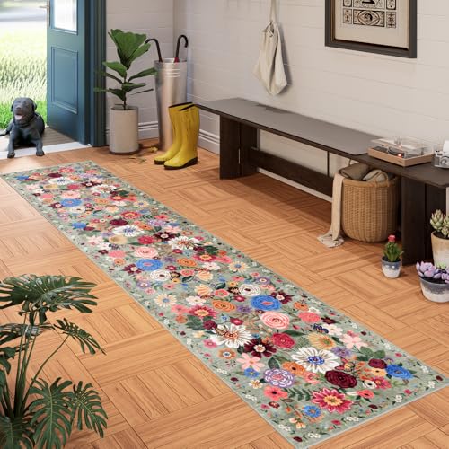 Floral Hallway Runner 2x10 Green Carpet Kitchen Rug - color: Green, size: 2' x 10' (Rectangular)