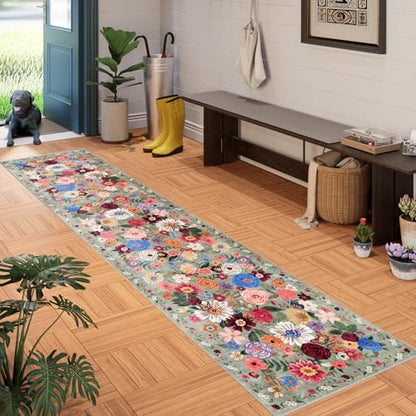 Floral Hallway Runner 2x10 Green Carpet Kitchen Rug - color: Green, size: 2' x 10' (Rectangular)
