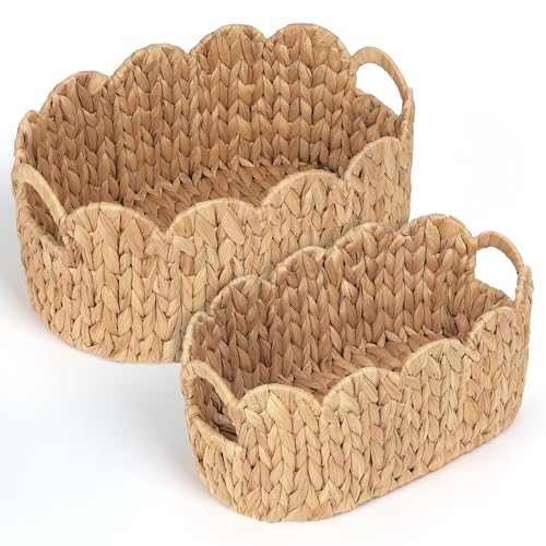 iEGrow Scalloped Wicker Basket, Set of 2 Hand-Woven Natural Rattan Baskets with Built-in Handles, Water Hyacinth Storage Oval Cute Baby Baskets for Nursery, Organizing, Decor and Shelves - color: Natural-water Hyacinth, size: Oval