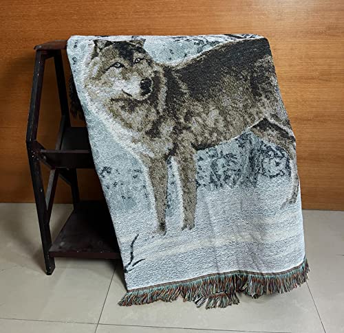 Woodlands Wolf Lodge Woven Tapestry Throw Blanket 50"x60" - color: Wolf