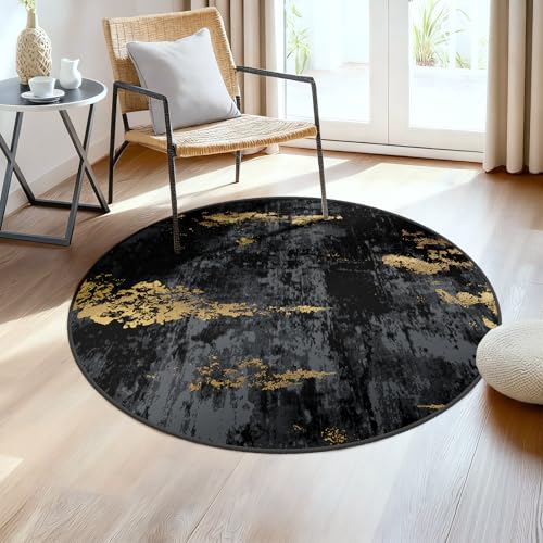 RELEANY Washable Round 4ft Area Rug for Living Room Black Gold - color: Black/Gold, size: 4' (Round)