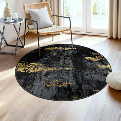 RELEANY Washable Round 4ft Area Rug for Living Room Black Gold - color: Black/Gold, size: 4' (Round)