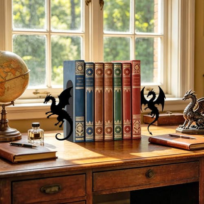 Metal Bookends Dragon Book Ends for Shelves - color: Black - 1 Pair Dragon