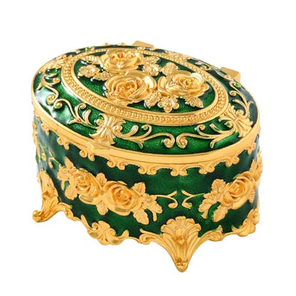 Vintage Jewelry Box, Gold Oval Treasure Ring Box, Metal Trinket Organizer Keepsake Box Gift for Girl Women, Green