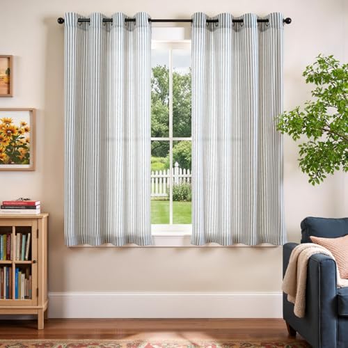 Vangao Linen Striped Curtains for Living Room Bedroom Farmhouse - color: Boxter Striped| Blue on Beige, size: 50"W x 63"L (Pack of 2)