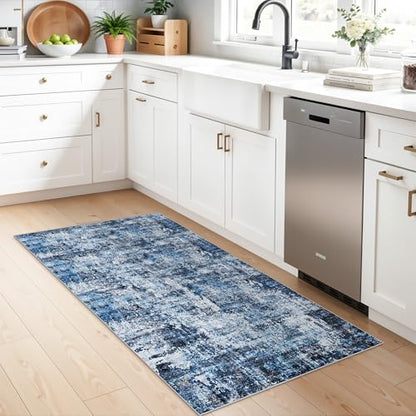 2x5 Washable Kitchen Runner Rug – Non-Slip Rubber Backing Low-Pile Soft Small Rug for Hallway Bathroom Bedroom Entryway Laundry Room – Modern Neutral Abstract Thin (Navy Blue) - color: Navy Blue, size: 2' x 5' (Rectangular)