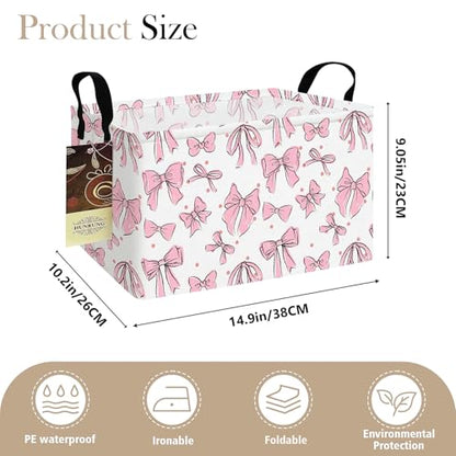 Rectangle Foldable Storage Basket Handles For Home, Pink Bow - color: REC-Pink Bow