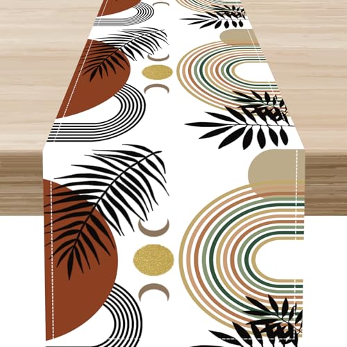Mid Century Modern Table Runner, Sun Tropical Leave Minimalistic Rainbow Boho Table Decoration for Home Kitchen Dining Garden Farmhouse Daily Party Indoor Outdoor Table Decor 13x36 inch - color: Boho Leaf-10, size: 13x36" Table Runner