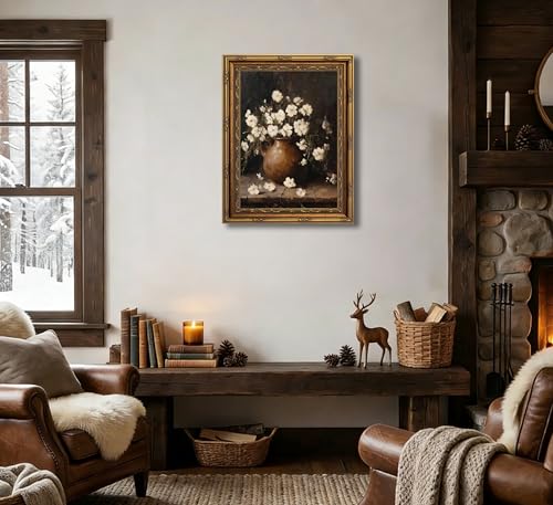 3D Textured Canvas Wall Art Vintage Carved Gold Frame Vintage Rustic Farmhouse Floral White Floral Still Life Brown Pitcher Flower Relief Poster Print Artwork for Living Room Bedroom Home Decor - color: Framed Palm flowers, size: 16"L x 12"W