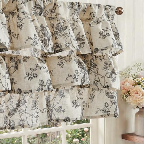 jinchan Amlie Ruffled Floral Valance Curtain 1 Panel 18 Inch Charcoal - color: Amlie Charcoal on Linen