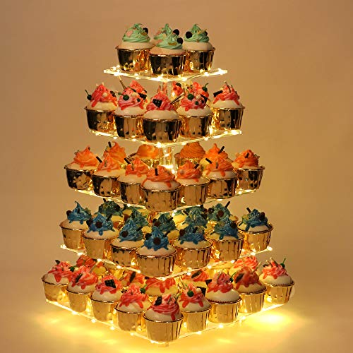 YestBuy 5 Tier Cupcake Stand for 60 Cupcakes with Yellow Lights - color: Yellow, size: 5 Tier Square