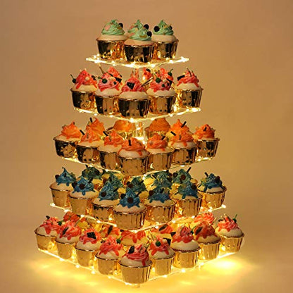 YestBuy 5 Tier Cupcake Stand for 60 Cupcakes with Yellow Lights - color: Yellow, size: 5 Tier Square