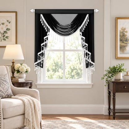 VOGOL Sheer Waterfall Valance with Beaded Tassels, 39 x 43, 1 Panel, Black - color: Black, size: 39"W x 43"L (Pack of 1)