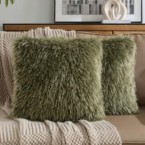 FUTEI Pack of 2 Faux Wool Throw Pillow Covers 18x18 Inch, Olive Green - color: Olive Green