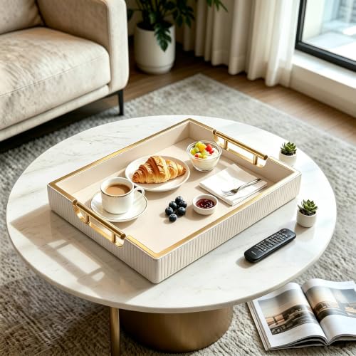 16''x12'' Leather Coffee Table Serving Tray with Gold Handle(Large White) - color: White