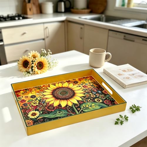 Serving Tray with Handles, 15.7 * 11.8 inches, Plastic Ottoman Tray with Exquisite Paintings, Trays for Coffee Table - color: Golden Sunflower