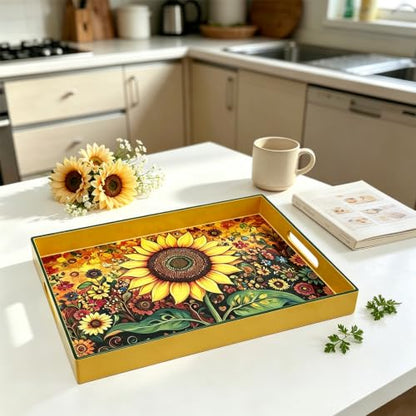 Serving Tray with Handles, 15.7 * 11.8 inches, Plastic Ottoman Tray with Exquisite Paintings, Trays for Coffee Table - color: Golden Sunflower