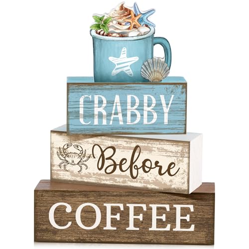 Lineshading 4 Pcs Coffee Beach Decor Wooden Blocks, Coastal Tiered Tray - style: Beach Coffee