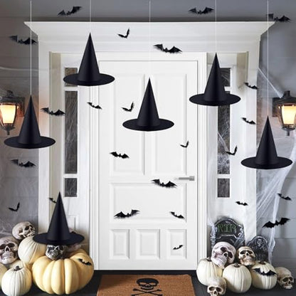 6PCS Halloween Witch Hats 98 FT Nylon Cord 24 Bats for Porch Yard Deco
