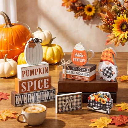 11 Pcs Fall Wooden Table Decorations Pumpkin Tiered Tray Decor - style: Hello Fall