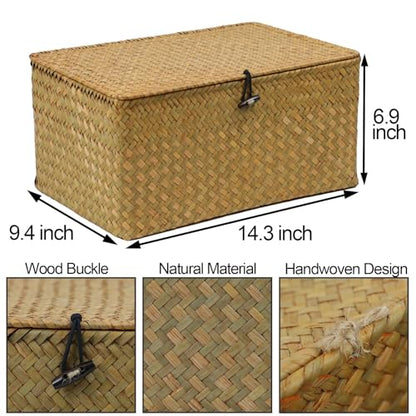 Seagrass Wicker Storage Basket with Lid, X-Large, Natural - color: Natural, size: 14.3" x 9.4" x 6.9"