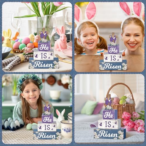 4 Pcs Easter Table Decorations He Is Risen Wooden Table Sign Religious Wood Centerpiece Easter Cross Blocks Farmhouse Tiered Tray Decor for Home Kitchen Shelf Decor(Cross) - style: Cross