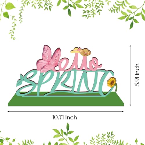 Hello Spring Wooden Table Sign with Base Spring Tabletop Decorations for Home Office Shelf Mantel Indoor Holiday Tiered Tray Spring Party Decor Gift