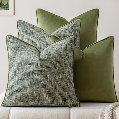 a moment Dark Green 4 Pack Throw Pillow Covers - Chenille & Velvet Set with Piping, Farmhouse Textured Design Pillow Cases for Couch Sofa Bed Livingroom (16x16 Inch, No Insert) - color: Dark Green, size: 16" x 16" (Pack of 4)