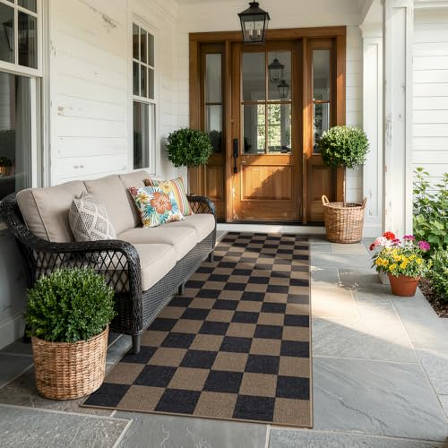 Lahome Checkered Easy Jute Kitchen Runner Rug, 2x8 Outdoor Rugs Washable - color: Chocolate Brown/Checkerboard -1, size: 2'6" x 8' (Runner)