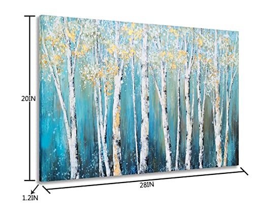 Yihui Arts Birch Tree Canvas Wall Art Hand Painted Teal and White Color Painting with Gold Foil Modern Forest Pictures for Living Room Bedroom Office Decoration - color: Teal Tree, size: 28"L x 20"W