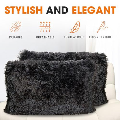 Cheer Collection Throw Pillows for Couch and Bed, Soft Shaggy Throw Pillows with Inserts Included, Cozy Long Hair Faux Fur Pillows - Set of 2-12" x 20" - Black - color: Black, size: 12" x 20"
