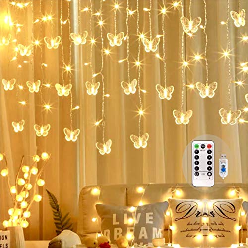 Butterfly Curtain Fairy Lights USB Plug in,8 Modes 120 LED 19.7FT Firefly Twinkle Timer String Lights with Remote, Waterproof Copper Wire for Bedroom Patio Christmas Wedding Party Dorm(Warm White) - color: Warm White
